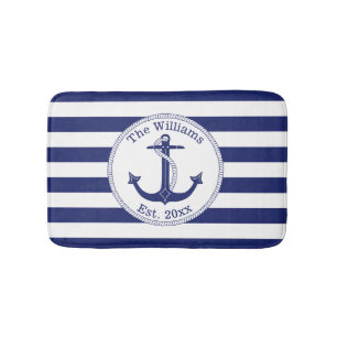 Nautical Anchor Navy Blue Stripes Familienaam Badmat