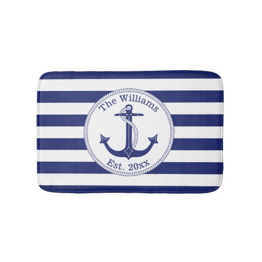 Nautical Anchor Navy Blue Stripes Familienaam Badmat (Voorkant)