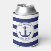 Nautical Anchor Navy Blue Stripes Familienaam Blikjeskoeler (Blikje Voorkant)