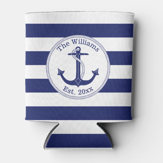 Nautical Anchor Navy Blue Stripes Familienaam Blikjeskoeler (Voorkant)