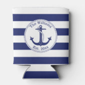 Nautical Anchor Navy Blue Stripes Familienaam Blikjeskoeler (Achterkant)