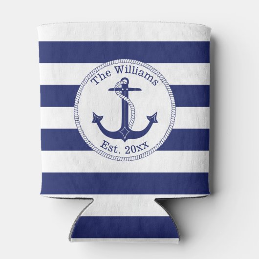 Nautical Anchor Navy Blue Stripes Familienaam Blikjeskoeler (Achterkant)