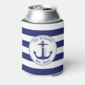 Nautical Anchor Navy Blue Stripes Familienaam Blikjeskoeler (Blikje Achterkant)