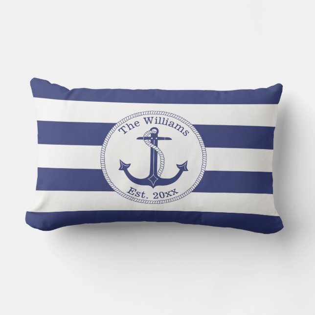 Nautical Anchor Navy Blue Stripes Familienaam Buitenkussen (Voorkant)