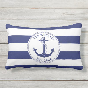 Nautical Anchor Navy Blue Stripes Familienaam Buitenkussen