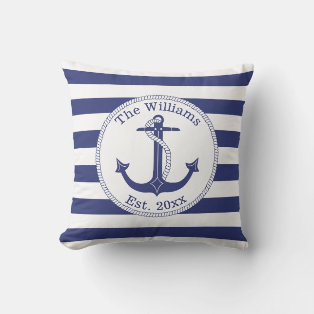 Nautical Anchor Navy Blue Stripes Familienaam Buitenkussen (Voorkant)