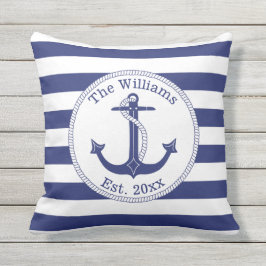 Nautical Anchor Navy Blue Stripes Familienaam Buitenkussen