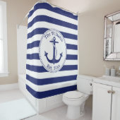 Nautical Anchor Navy Blue Stripes Familienaam Douchegordijn (In situ)