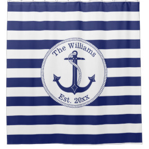 Nautical Anchor Navy Blue Stripes Familienaam Douchegordijn