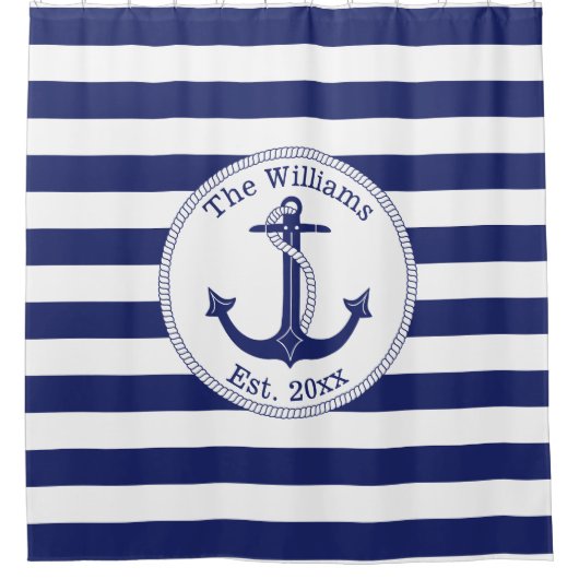 Nautical Anchor Navy Blue Stripes Familienaam Douchegordijn (Voorkant)