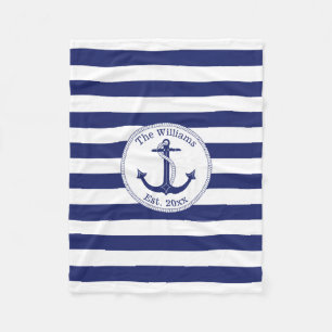 Nautical Anchor Navy Blue Stripes Familienaam Fleece Deken
