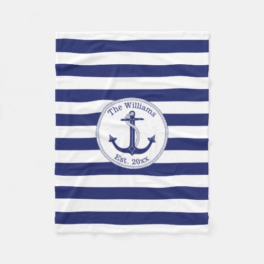 Nautical Anchor Navy Blue Stripes Familienaam Fleece Deken (Voorkant)