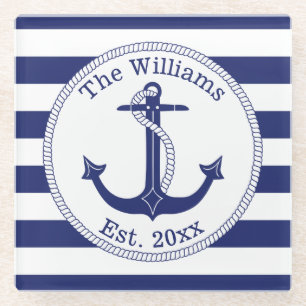 Nautical Anchor Navy Blue Stripes Familienaam Glazen Onderzetter