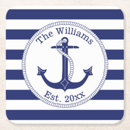 Nautical Anchor Navy Blue Stripes Familienaam Kartonnen Onderzetters