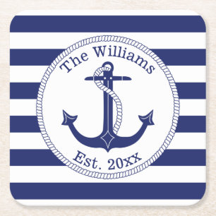 Nautical Anchor Navy Blue Stripes Familienaam Kartonnen Onderzetters