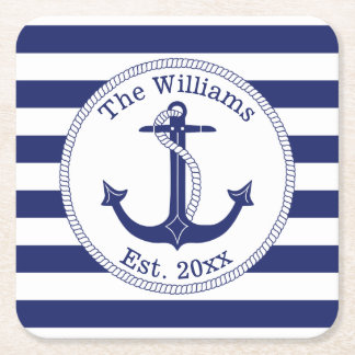 Nautical Anchor Navy Blue Stripes Familienaam Kartonnen Onderzetters