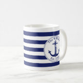 Nautical Anchor Navy Blue Stripes Familienaam Koffiemok (Voorkant rechts)