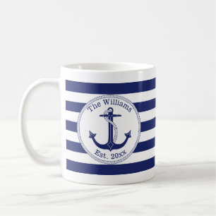 Nautical Anchor Navy Blue Stripes Familienaam Koffiemok