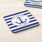 Nautical Anchor Navy Blue Stripes Familienaam Onderzetter (Linkerzijde)