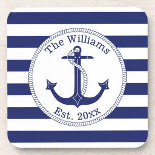 Nautical Anchor Navy Blue Stripes Familienaam Onderzetter