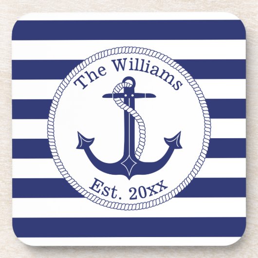 Nautical Anchor Navy Blue Stripes Familienaam Onderzetter (Voorkant)