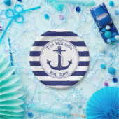 Nautical Anchor Navy Blue Stripes Familienaam Papieren Bordje (Feest)