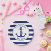 Nautical Anchor Navy Blue Stripes Familienaam Papieren Bordje (Feest)
