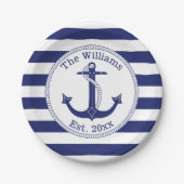 Nautical Anchor Navy Blue Stripes Familienaam Papieren Bordje (Voorkant)