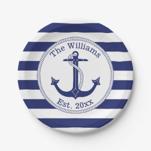 Nautical Anchor Navy Blue Stripes Familienaam Papieren Bordje