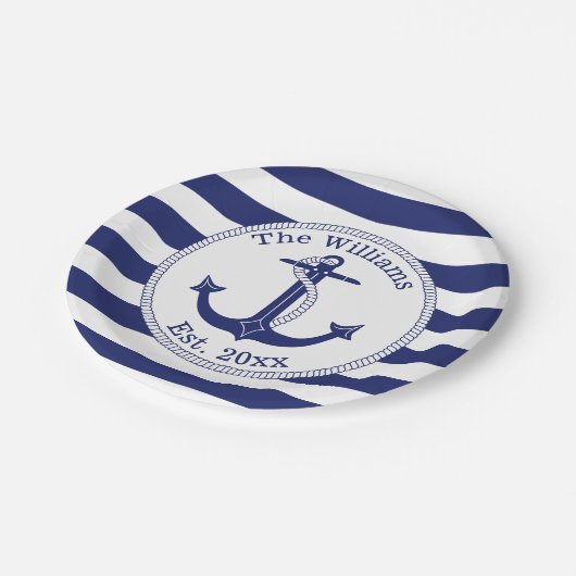 Nautical Anchor Navy Blue Stripes Familienaam Papieren Bordje (Gekanteld)