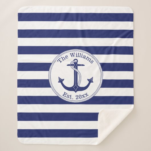 Nautical Anchor Navy Blue Stripes Familienaam Sherpa Deken (Voorkant)