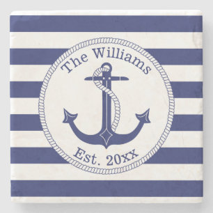Nautical Anchor Navy Blue Stripes Familienaam Stenen Onderzetter