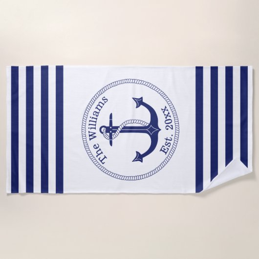 Nautical Anchor Navy Blue Stripes Familienaam Strandlaken (Voorkant)