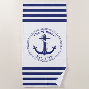 Nautical Anchor Navy Blue Stripes Familienaam Strandlaken