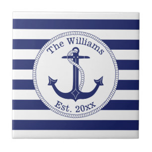 Nautical Anchor Navy Blue Stripes Familienaam Tegeltje