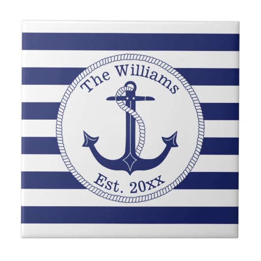 Nautical Anchor Navy Blue Stripes Familienaam Tegeltje (Voorkant)