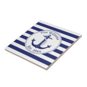 Nautical Anchor Navy Blue Stripes Familienaam Tegeltje (Zijkant)