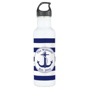 Nautical Anchor Navy Blue Stripes Familienaam Waterfles