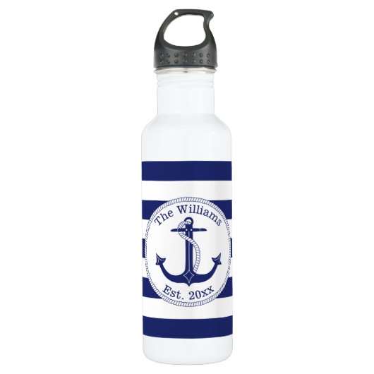 Nautical Anchor Navy Blue Stripes Familienaam Waterfles (Voorkant)