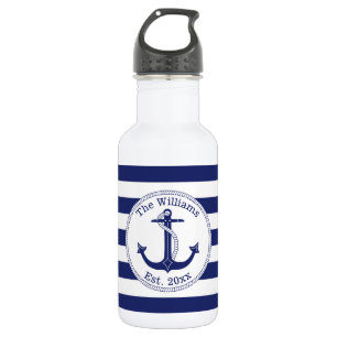Nautical Anchor Navy Blue Stripes Familienaam Waterfles