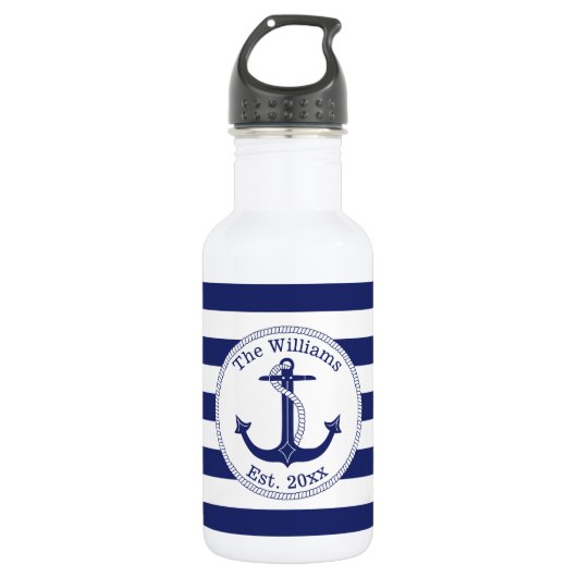 Nautical Anchor Navy Blue Stripes Familienaam Waterfles (Voorkant)