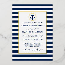 Nautical Anchor Navy Blue Stripes Wedding Gold