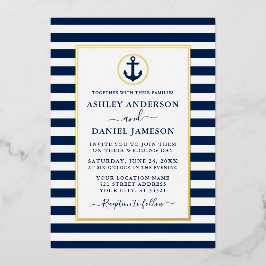 Nautical Anchor Navy Blue Stripes Wedding Gold Folie Uitnodiging