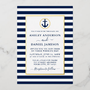 Nautical Anchor Navy Blue Stripes Wedding Gold Folie Uitnodiging