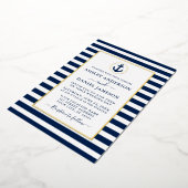 Nautical Anchor Navy Blue Stripes Wedding Gold Folie Uitnodiging (Gedraaid)