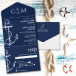 Nautical Anchor Navy Blue Wedding All In One Uitnodiging<br><div class="desc">Deze budgetvriendelijke Nautical Anchor Wedding-uitnodigingen zijn ontworpen met een gemakkelijk te verwijderen geperforeerd RSVP-briefkaart. Schuif gewoon elke kaart in de aangegeven vorm,  en verzegel en verzend - geen envelop nodig voor de verzending.</div>