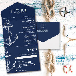Nautical Anchor Navy Blue Wedding All In One Uitnodiging