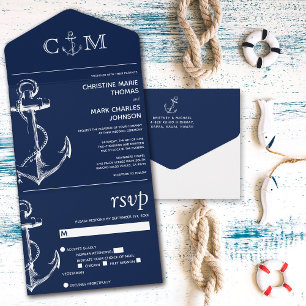 Nautical Anchor Navy Blue Wedding All In One Uitnodiging