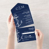 Nautical Anchor Navy Blue Wedding All In One Uitnodiging (Afscheurbaar)