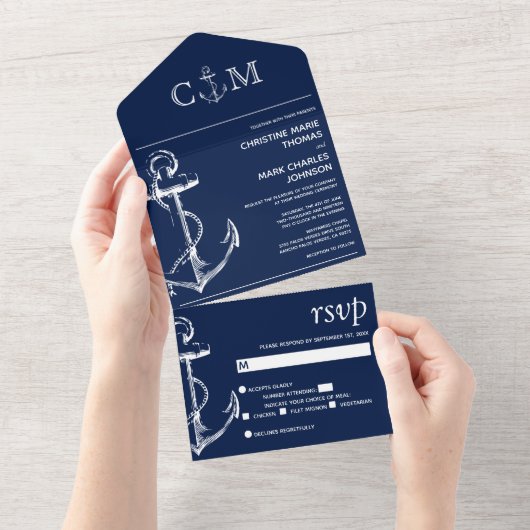 Nautical Anchor Navy Blue Wedding All In One Uitnodiging (Afscheurbaar)